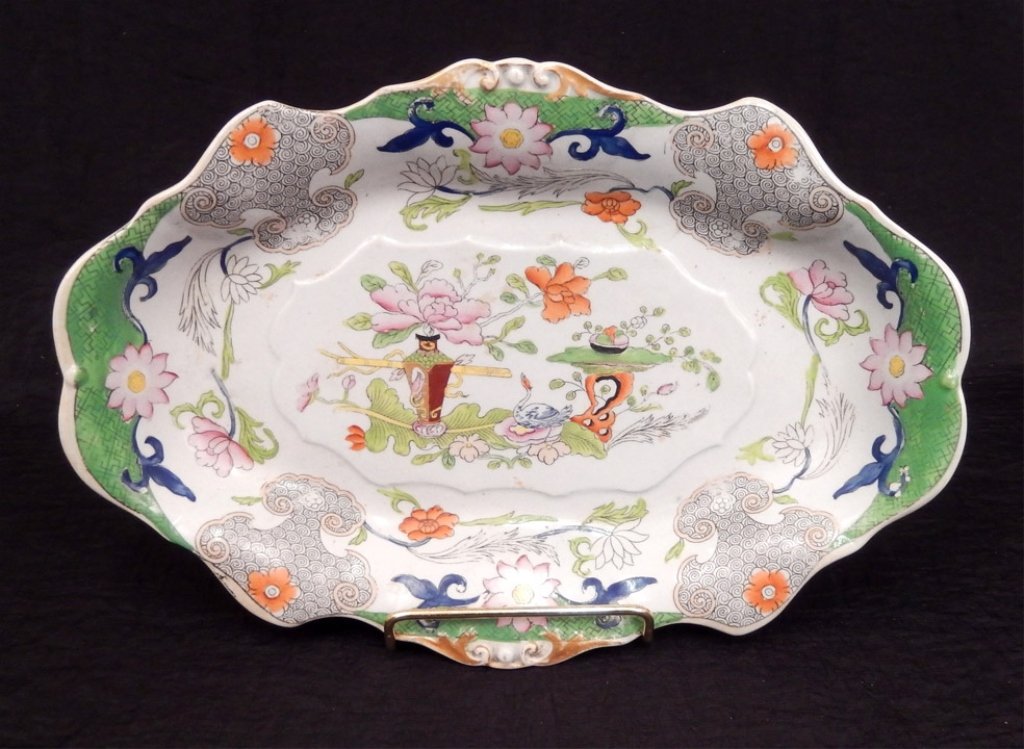 Mason's Ironstone oblong dish, Table and Urn design: Mason's Ironstone oblong dish, polychrome Table and Urn design, painted green mark on bottom, 7 5/8" x 11"