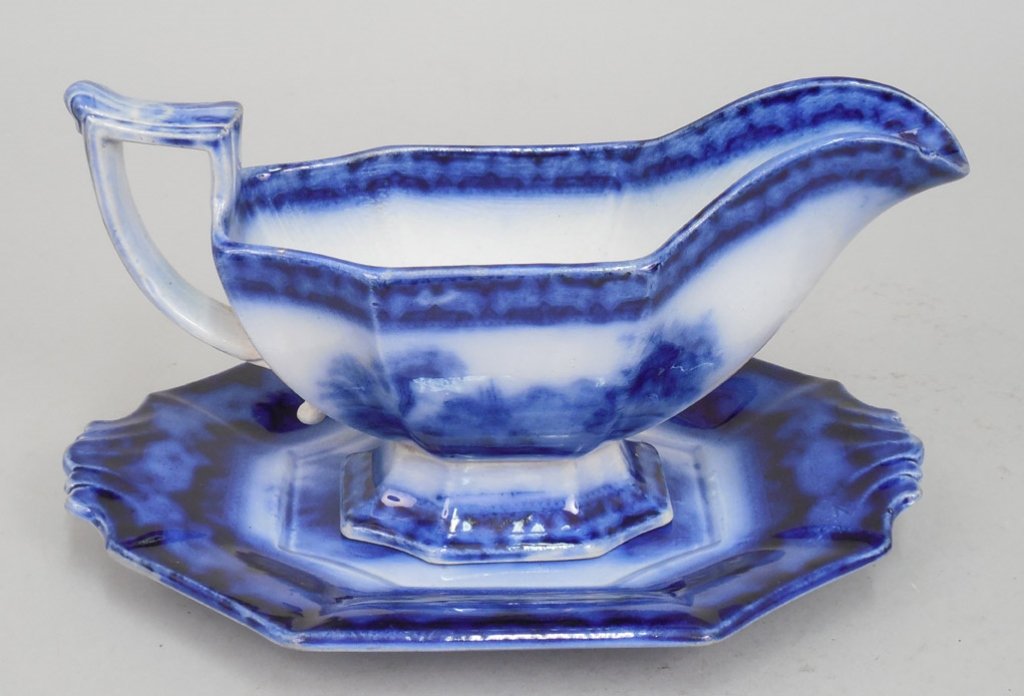 Flow blue gravy boat and underplate (1 of 6)