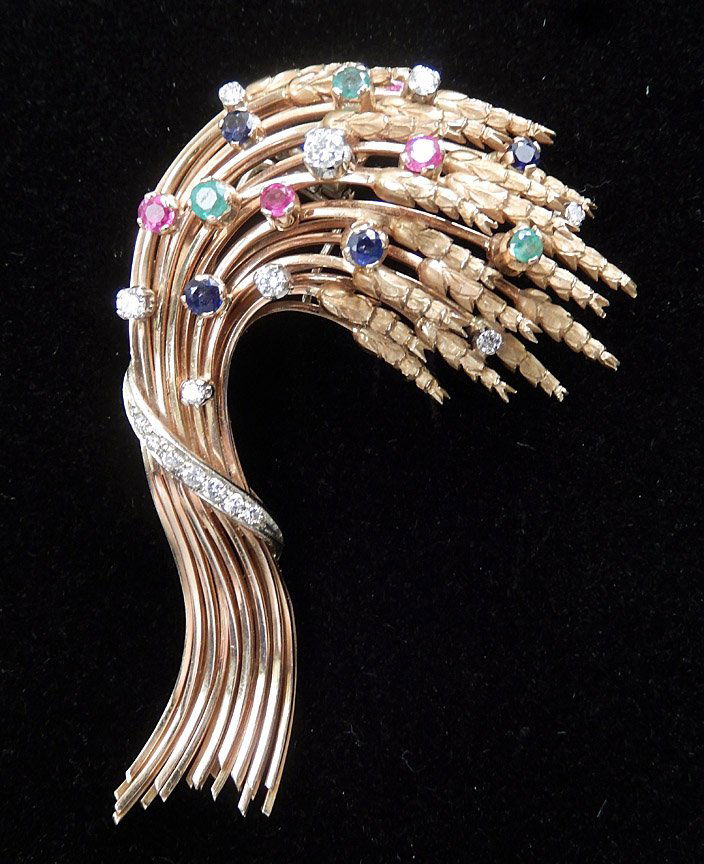 18k gold wheatsheaf and gemstone brooch (1 of 2)
