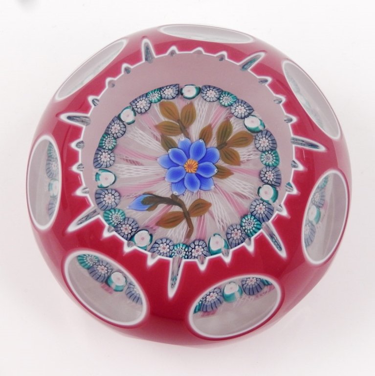 John Deacons art glass paperweight: John Deacons art glass paperweight, faceted rose and white double overlay spray with shark's teeth cutting by GT (Gordon Taylor- scratch signed), blue flower with an orange center, olive green leaves