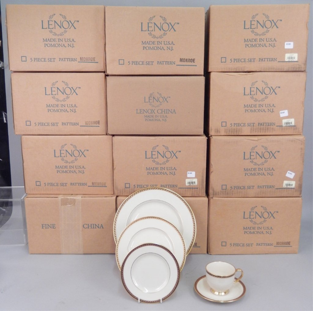Set of Lenox Monroe dinnerware, new in boxes: Set of Lenox Monroe dinnerware, new in boxes, twelve 5-piece place settings, 10 5/8" dinner plates, 8 1/4" salad plates, 6 3/8" bread and butter plates, 5 3/4" saucers, and 2 3/4" teacups, also includ