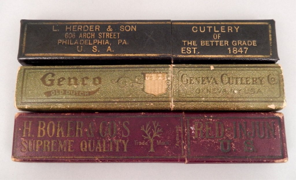 Three straight razors in boxes: Three straight razors in boxes, includes H. Boker & Co's Red-Injun, Germany, original box, Genco Old Dutch, Geneva Cutlery Co., USA, original box, and Wade & Butcher Special, Sheffield, England, box L