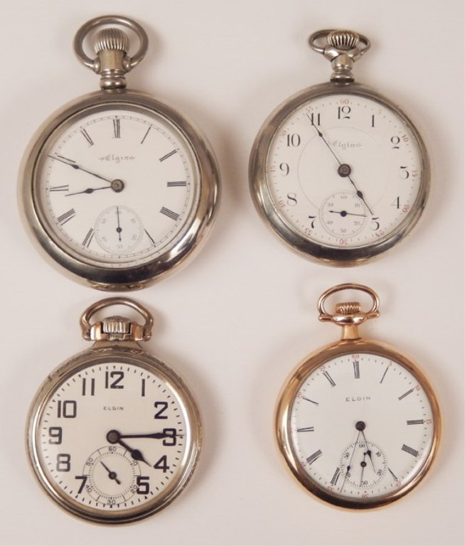 Four Elgin pocket watches: Four Elgin pocket watches including one stem wind, open face, silverode, size 18s, 15 jewels with white enamel dial, Roman numerals, blue hands and sunken sub seconds register, measures approximately 