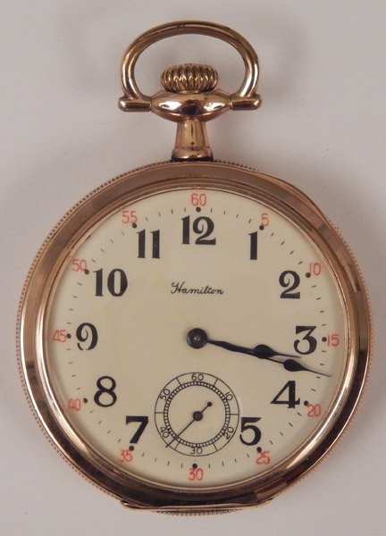 Hamilton 990 railroad pocket watch: Hamilton Watch Co 990 gold filled, stem wind, open face, railroad pocket watch, size`16s, 21 jewels with cream colored enamel dial, Arabic numerals, blue hands and sunken sub seconds register, measure