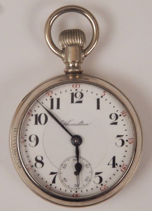 Hamilton 944 railroad pocket watch: Hamilton Watch Co 944 gold filled, stem wind, open face, railroad pocket watch, size 18s, 19 jewels with white enamel dial, Arabic numerals, black hands and sunken sub seconds register, measures appro