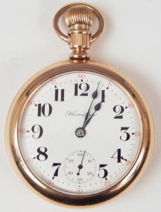 Hamilton 936 railroad pocket watch: Hamilton Watch Co 936 gold filled, stem wind, open face, motor barrel, railroad pocket watch, size 18s, 17 jewels with white enamel dial, Arabic numerals, blue hands and sunken sub seconds register, m