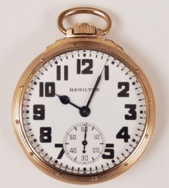 Hamilton 974 Special pocket watch: Hamilton 974 Special gold filled, stem wind, open face, railroad pocket watch, size 16s, 17 jewels with white enamel dial, Arabic numerals, blue hands and sunken sub seconds register, measures approxi