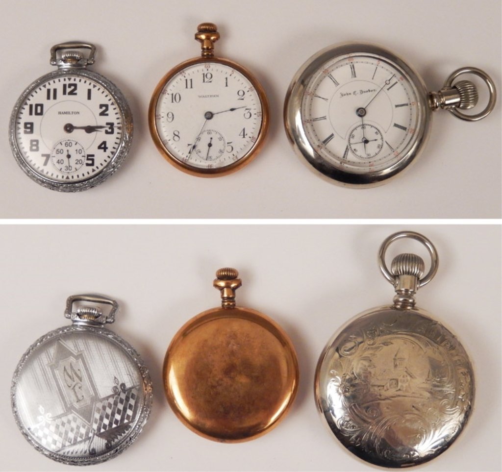 Waltham, Hamilton and Hampden pocket watches: Waltham gold filled, stem wind, open face pocket watch, size 16s, 15 jewels with white enamel dial, Arabic numerals, blue hands and sunken sub seconds register, measures approximately 48mm across, ser