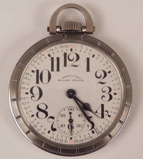 Hamilton 992B Railway Special pocket watch: Hamilton Watch Co 992B Railway Special, stainless steel, stem wind, open face, pocket watch, size 16s. 21 jewels with white enamel dial, Arabic numerals, black hands and sunken sub seconds register, m