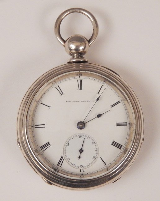 New York Watch Co coin silver pocket watch: New York Watch Co coin silver, key wind, open face pocket watch with white enamel dial, Roman numerals, blue hands and sunken sub seconds register, size 18s, 15 jewels, measures approximately 58mm acr
