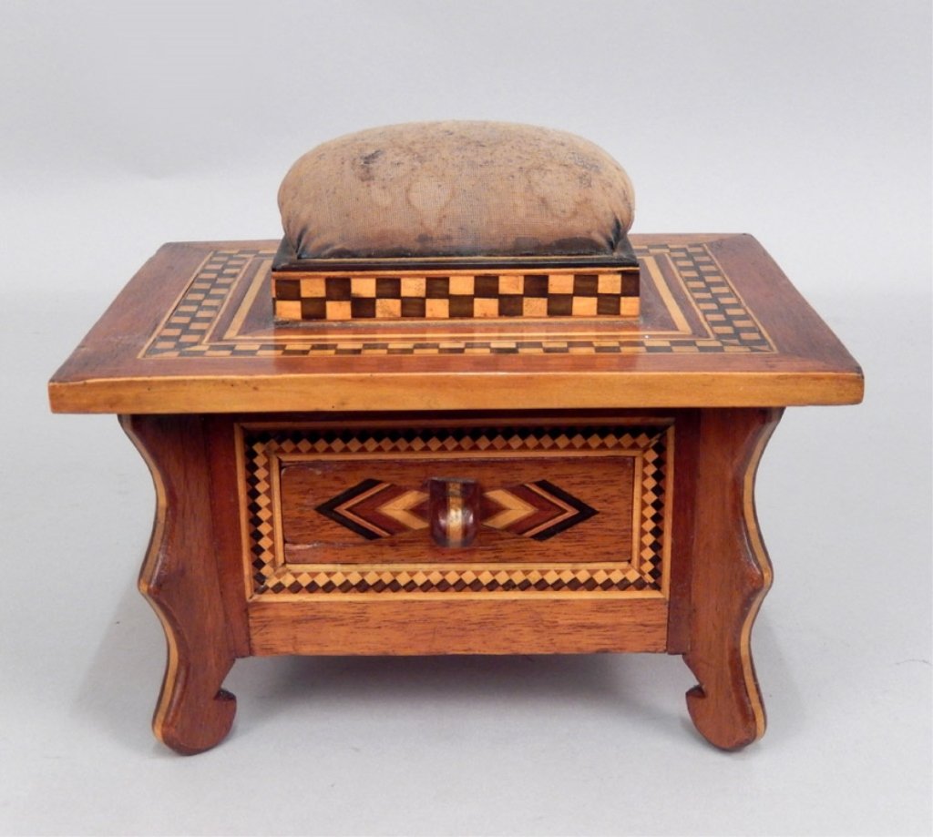 Parquetry inlaid sewing box: Parquetry inlaid sewing box, inlaid on top, legs, and four sides, pin cushion top, single drawer lined in blue velvet, 7" x 8 5/8" x 7 3/8"