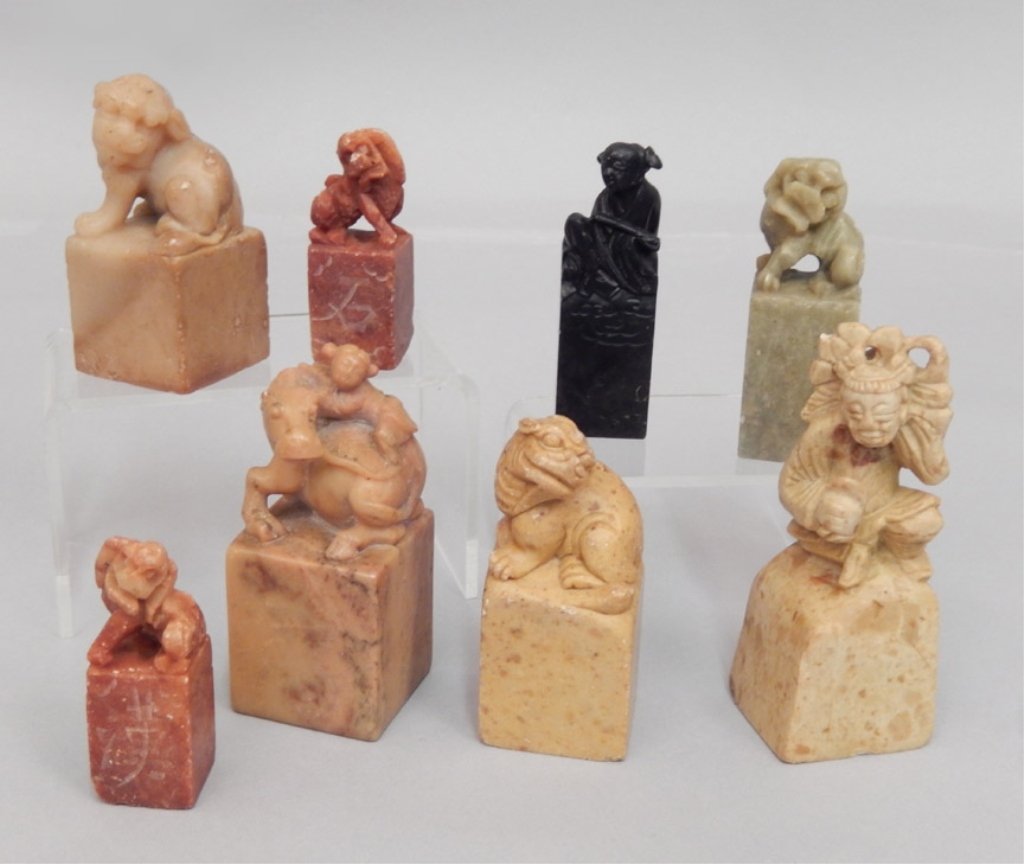 Grouping of Chinese soapstone seals: Grouping of Chinese soapstone seals, eight total, tallest measures 3 1/8"" high x 1 1/4" across x 1 1/4"