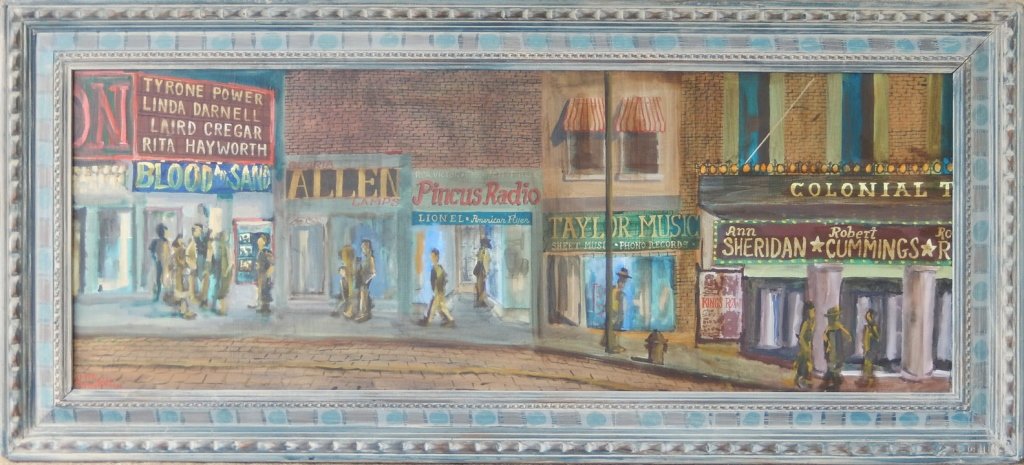 Harry Walker oil on canvas: Harry Walker oil on canvas, street scene with figures, signed lower left and dated 1971, sight size 18" x 48", frame size 25" x 56"