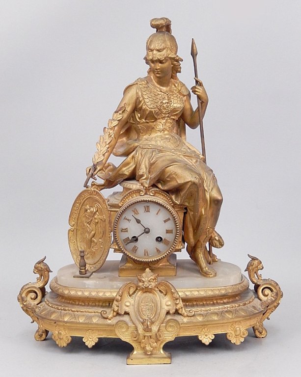 P.H. Mourey gilt metal and marble clock: P.H. Mourey gilt metal and marble clock, Athena holding spear in left hand, laurel branch in right hand, seated on clock, plaque of a muse left of dial, griffin head scroll handles, marked P.H. Mourey