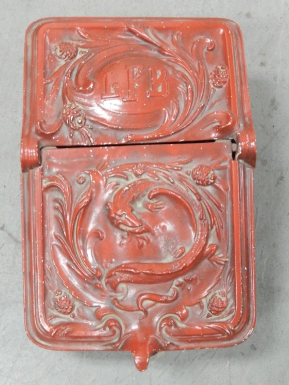 Painted cast iron coal scuttle: Painted cast iron coal scuttle, ca. 1900, 22" high x 13 1/2" x 11"
