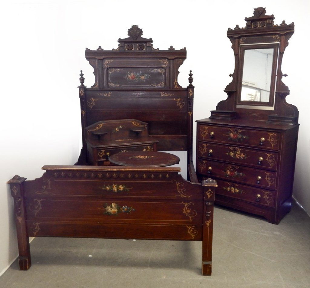 Victorian cottage bedroom set: Victorian cottage bedroom set, paint decorated, dresser with attached mirror, 82" high x 38" x 18", high back full size bed 79" x 55 1/2", oval pedestal table 28" x 25" x 19", and washstand 35 1/2" hi
