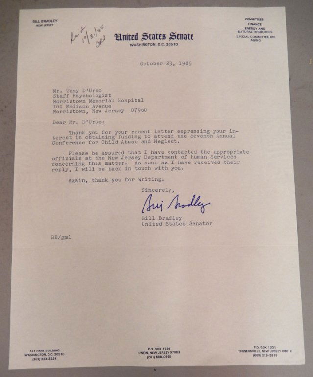 Typed letter to Staff Psychologist of Morristown: Typed letter to Mr. Tony D' Urso, Staff Psychologist of Morristown Memorial Hospital, c. 1985, about the Seventh Annual Conference for Child Abuse and Neglect from the US Senate, signed by Bill Bradle