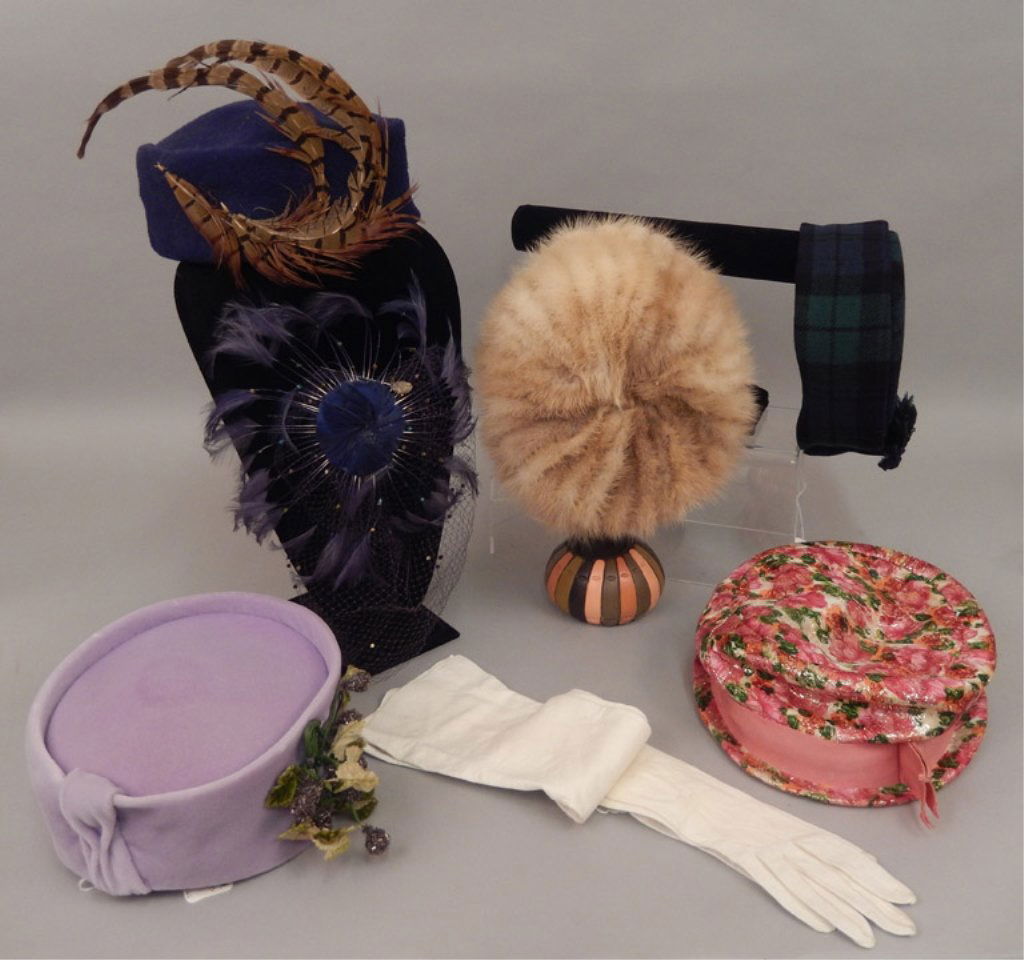 Six vintage ladies hats and pair of child's gloves: Six vintage ladies hats, includes blond mink hat, pink floral hat with label "Bernadette 2858 Hudson Blvd, Jersey City, NJ", lavender pill box hat with label "Fashioned by Anne Smiles", plaid hat, blu
