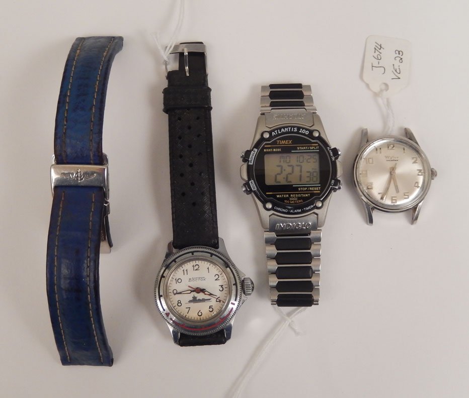 Men's watches and Breitling deployment buckle: Men's watches and Breitling deployment buckle, includes Breitling blue sharkskin band with deployment buckle, faded marked inside, 6 1/4", Boctok Russian military/divers watch, 9 5/8", Wyler Incaflex 