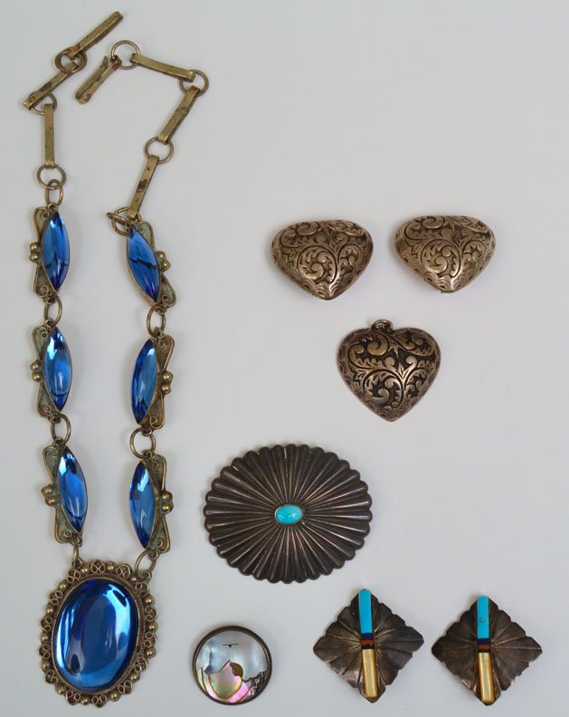 Native American and Mexican silver and costume jewelry: Native American and Mexican silver and costume jewelry, includes pair of 1960's Zuni sterling earrings, clip ons, signed Barney and marked sterling, 1", 1950 turquoise and silver conch pin, unmarked, 