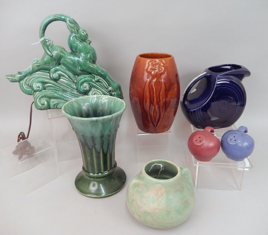 Grouping of pottery pieces: Grouping of pottery pieces, seven pieces, includes green vase, marked USA on bottom, 8 7/8", brown vase with raised flower motif, 8 5/8", copper splash green earthenware vase, 4 3/4", Haeger gazelle m