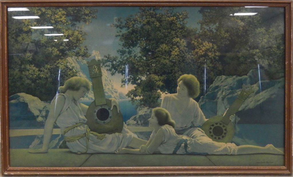 Maxfield Parrish lithograph on paper: Maxfield Parrish lithograph on paper, plate signed lower right, sight size 17 1/2" x 29 1/2", frame size 19" x 31"