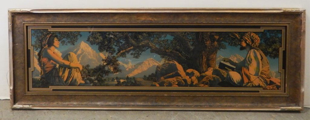 Maxfield Parrish lithograph on paper: Maxfield Parrish lithograph on paper, original 1917 print made for CA Crane as "The Rubaiyat" an advertisement for Crane Candies, in original frame, sight size 8" x 30", frame size 12" x 34"