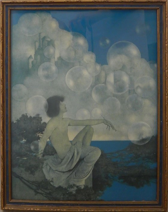 Maxfield Parrish lithograph on paper: Maxfield Parrish lithograph on paper "Air Castles" in original frame, sight size 15 3/4" x 11 3/4", frame size 17 1/2" x 13 1/4", Edward Gross Co. label on verso