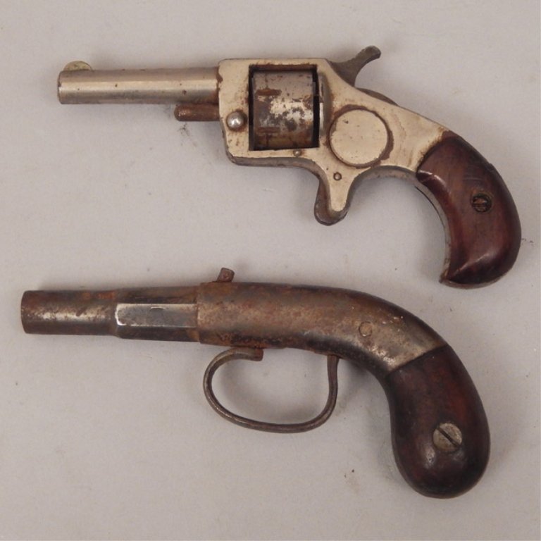 Cap & ball black powder .38 pistol and Deftange .22 cal: Cap & ball black powder .38 caliber pistol and Deftange .22 caliber revolver, .38 pistol single shot, barrel length 2 1/2", overall length 5 1/2", and Deftange single action black powder, open hammer,