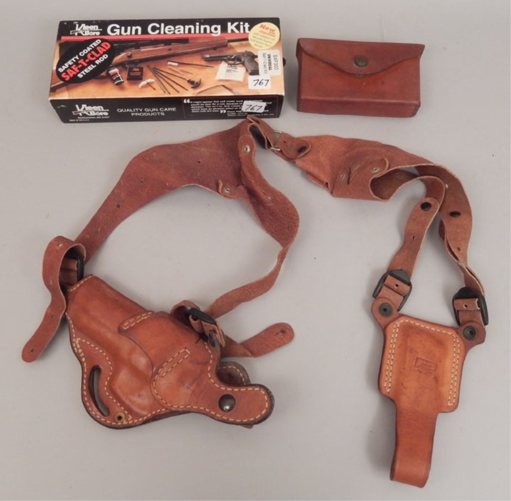 Gun cleaning kit, holster, and cartridge holder: Gun cleaning kit, holster, and cartridge holder, includes Kleen Bore gun cleaning kit, new in original box, DeSantis model 86 leather shoulder holster, with magazine holder, and H.H. Heiser leather be