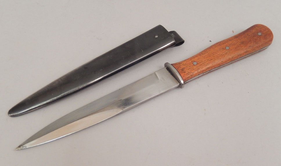 WWII German boot knife: WWII German boot knife, black metal scabbard, faded mark 1941 on ricasso, blade length 5 7/8", overall length 11"