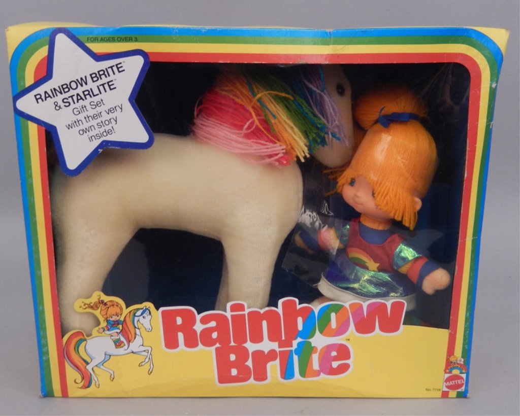 Mattel Rainbow Brite & Starlite Gift Set in original: Mattel Rainbow Brite & Starlite Gift Set in original box, box still sealed, set No. 7719, ca. 1983, the plastic inside to hold the horse in place has come off the horse, box measures 12 1/2" x 15" x 5