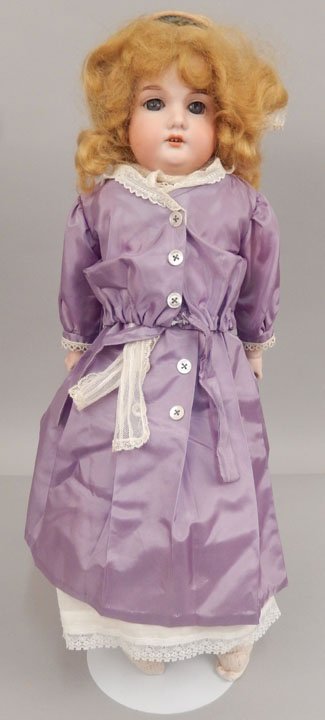 Armand Marseille 370 bisque shoulder head doll: Armand Marseille 370 bisque shoulder head doll, kid body, lower bisque arms, cloth lower legs, blue glass stationary eyes, painted upper and lower lashes, eyebrows, open mouth with upper teeth, incise
