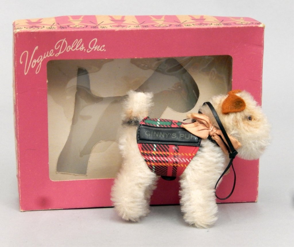 1950's Steiff Ginny Pup Foxy in original box: 1950's Steiff Ginny Pup Foxy in original box with liner, button under left ear, box measures 4 3/4" x 6 3/8" x 1 1/2"