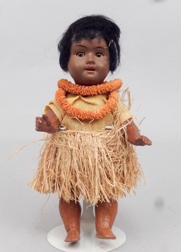 Walther & Sohn black bisque head doll: Walther & Sohn black bisque head doll, five piece composition jointed body, brown glass sleep eyes, painted eyebrows, open mouth with teeth, incised on head "W & S A Germany", measures 8" tall