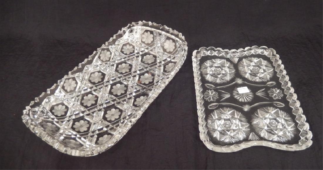 Two cut glass ice cream trays: Two cut glass ice cream trays, both possibly H.C. Fry, 2 1/2" x 14 1/4" x 8", and 1" x 11" x 8"