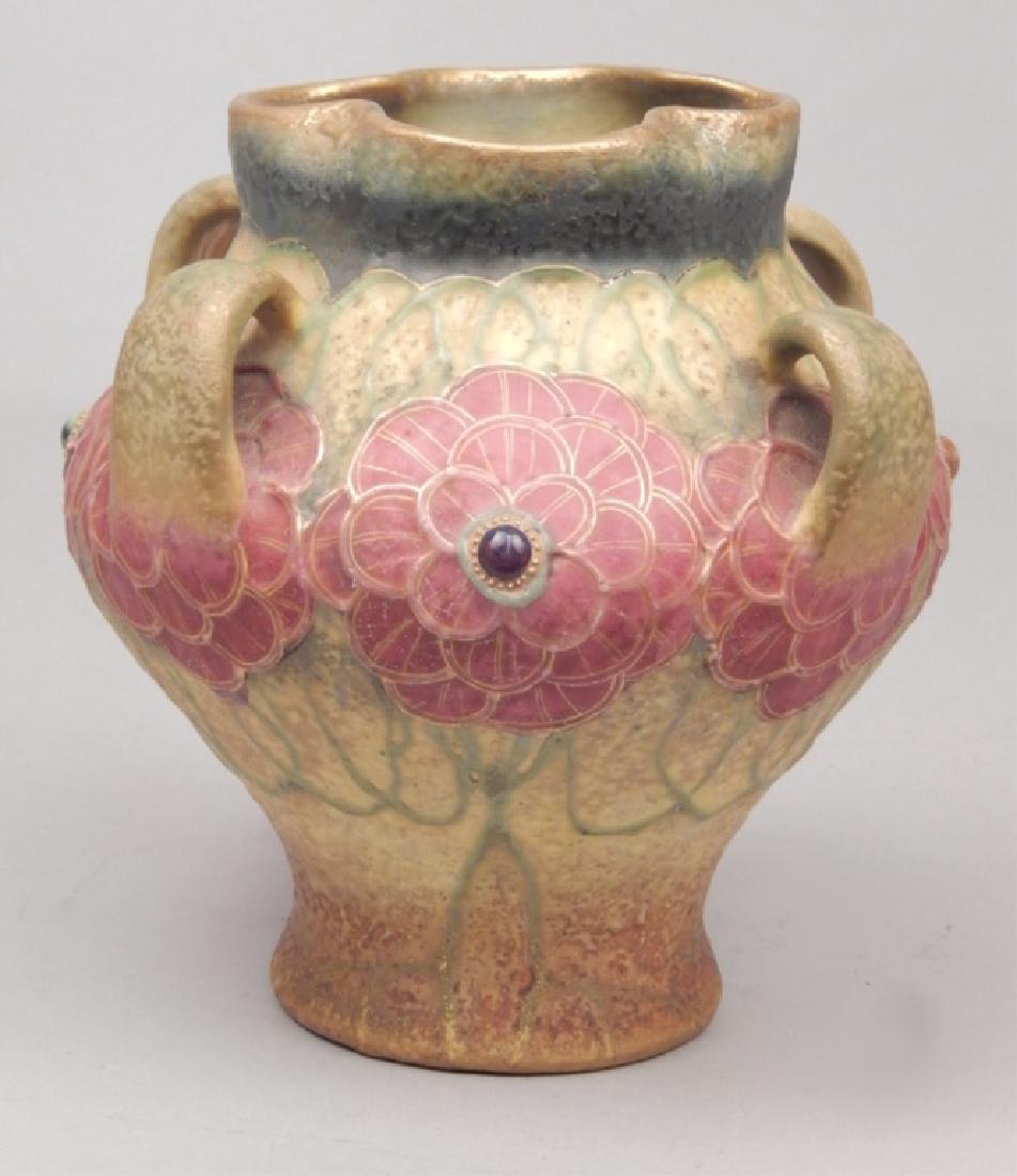 Amphora jeweled art pottery vase: Amphora jeweled art pottery vase, pink floral decoration, four handles, impressed on bottom 3357, 58, Amphora, measures 5 1/2" high x 5 1/2" across