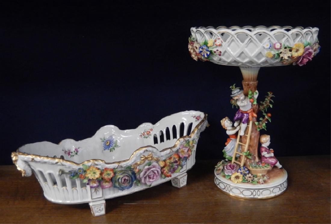 Von Schierholz German porcelain compote and center bowl: Von Schierholz German porcelain compote and center bowl, compote with three figures of children around tree, boy on ladder picking apples, 12 1/2" high x 9" diameter, oval footed center bowl with pier