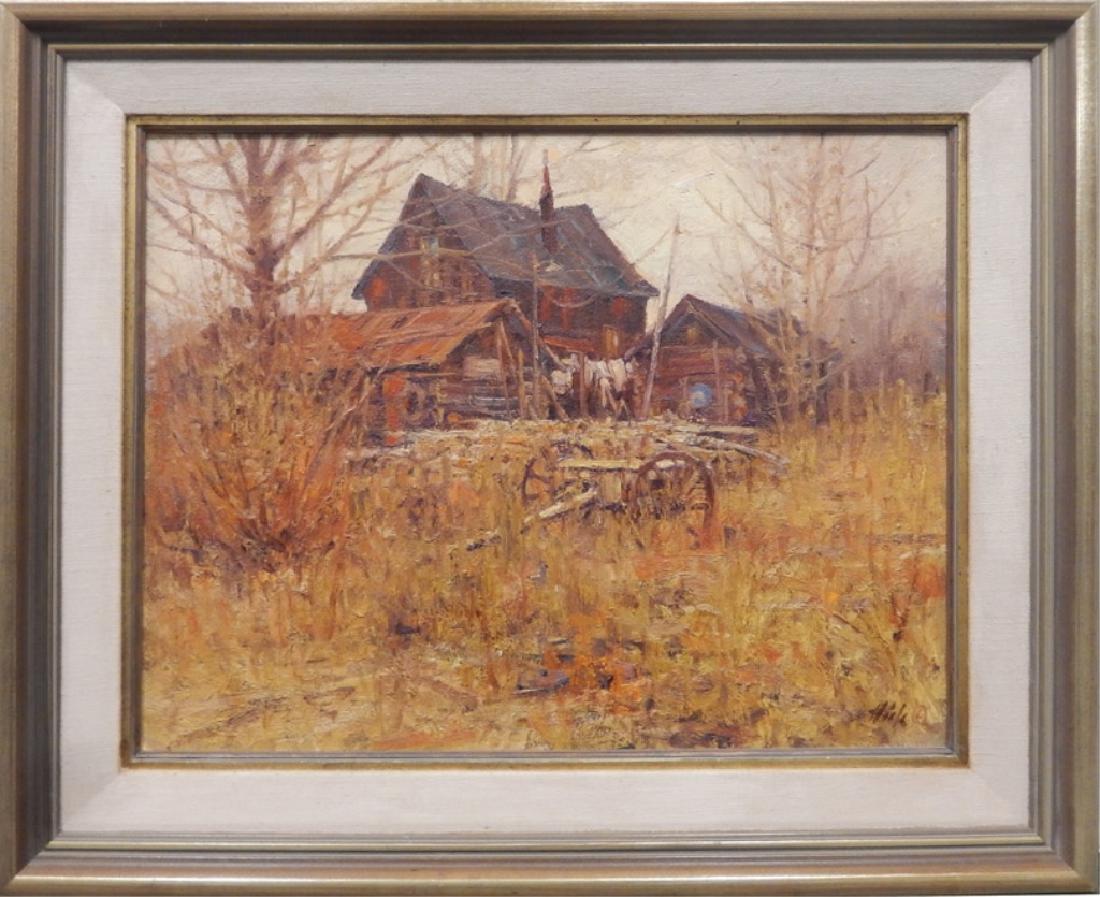 (Terrance) Hick oil on board: (Terrance) Hick oil on board "Wash Day", signed lower right, sight size 16" x 20", frame size 22" x 26", title of painting and artist's name on verso