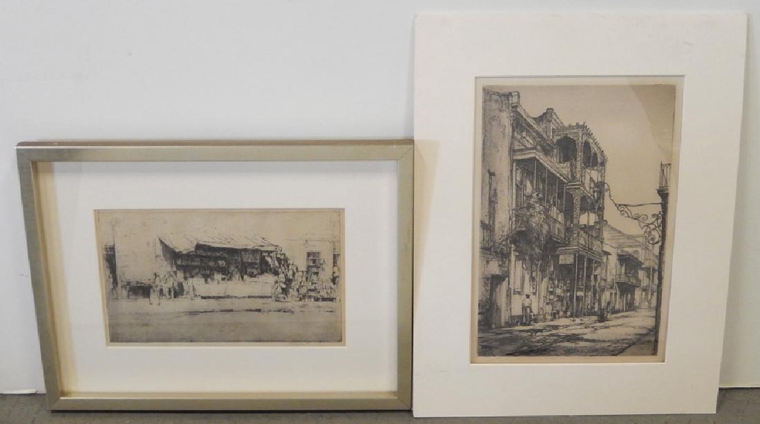 Earl Horter two etchings: Earl Horter two etchings on paper, 1.) "New Orleans Balconies", pencil signed bottom right margin sight size 11 1/4" x 7 3/4", matted and covered in plastic, pencil written information on verso, 2.) "