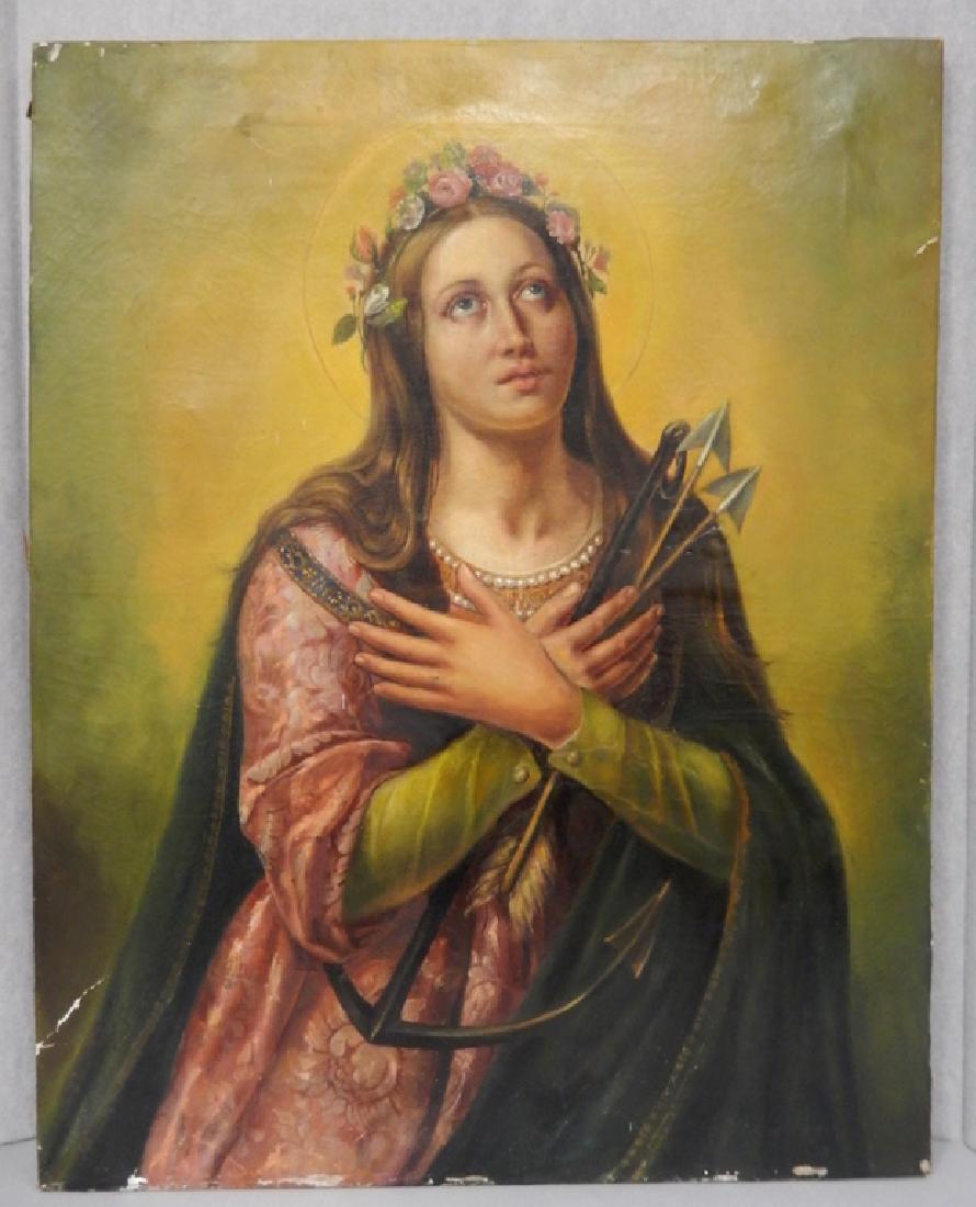 Continental School oil on canvas: Continental School oil on canvas, portrait of St. Philomena wearing a wreath of flowers and holding arrows, unsigned, 36 1/2" x 29", unframed