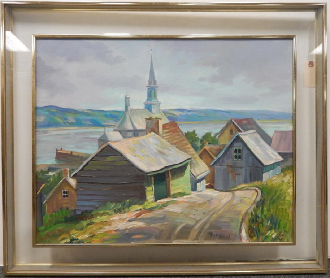(Mario) Mauro oil on canvas: (Mario) Mauro oil on canvas, Canadian landscape with buildings "Chateau-Richer" (Quebec), signed lower right, sight size 19 1/2" x 23 3/4", frame size 27 3/4" x 31 1/4", titled and dated (1973) on ver