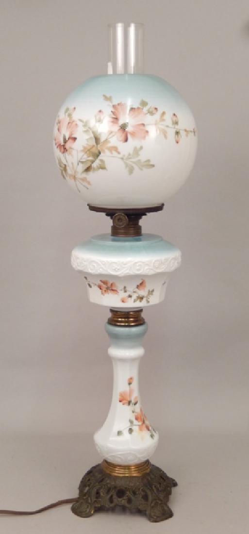 Climax hand painted glass banquet lamp: Climax hand painted glass banquet lamp, Empire No. 2 Rayo B & H chimney, 25" high, 28" with chimney