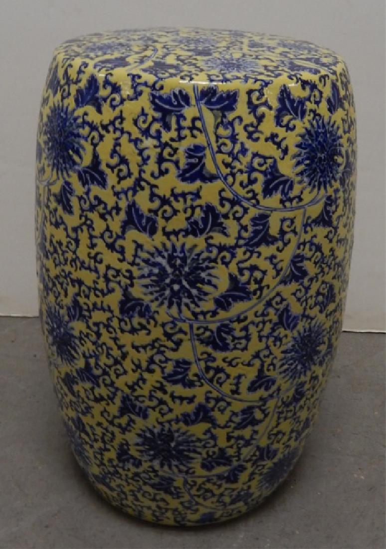 Japanese porcelain garden seat: Japanese porcelain garden seat, decorated in Hong Kong, 18 1/2" x 10 1/2" diameter