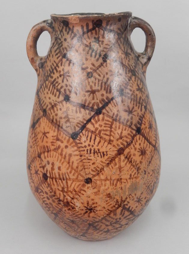 Antique redware pot from Erzurum Turkey: Antique redware handled pot from Erzurum Turkey, 22" high, with tag from Material Culture