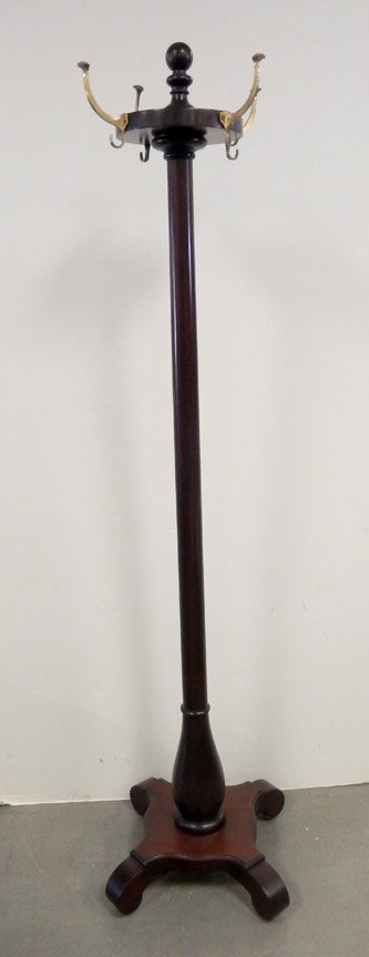 Mahogany coat rack: Mahogany coat rack with brass hooks, ca. 1900, 74"