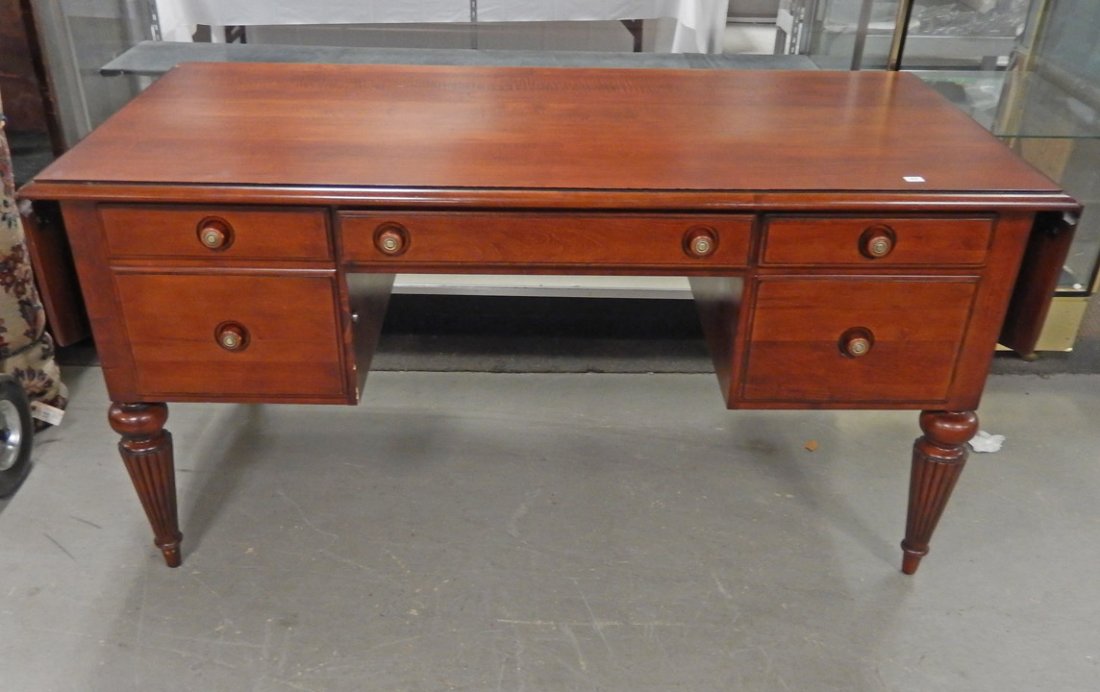 Cherry Ethan Allen dropleaf executive desk: Cherry Ethan Allen drop-leaf executive desk, locking file drawer, Ethan Allen branding inside drawer, 30" high x 61 1/2" x 29 1/2"