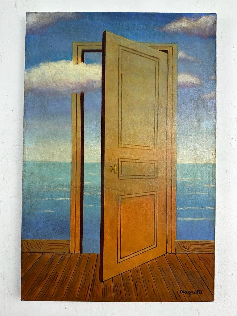 Illusionist painter - Rene Magritte - "In the style of ": Oil painting on canvas by Rene Magritte (November 21, 1898 - August 15, 1967). This great artist is recognized for the illusionist painting of him. Measure 40 x 60 cmPrivate collection of Belgium.Note