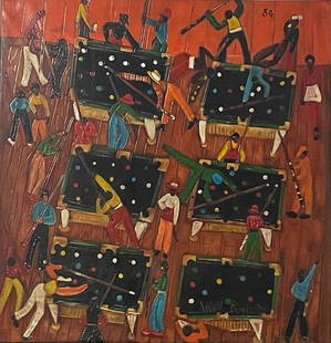 WINFRED REMBERT - â€œJEFFâ€™S POOL ROOMâ€ - Painting - In the style of: Description: Dye on carved and tooled leather in the manner/style of Winfred Rembert. ++++++++++++++++++++++ Artist information: Winfred Rembert (November 22, 1945 â€“ March 31, 2021) was an