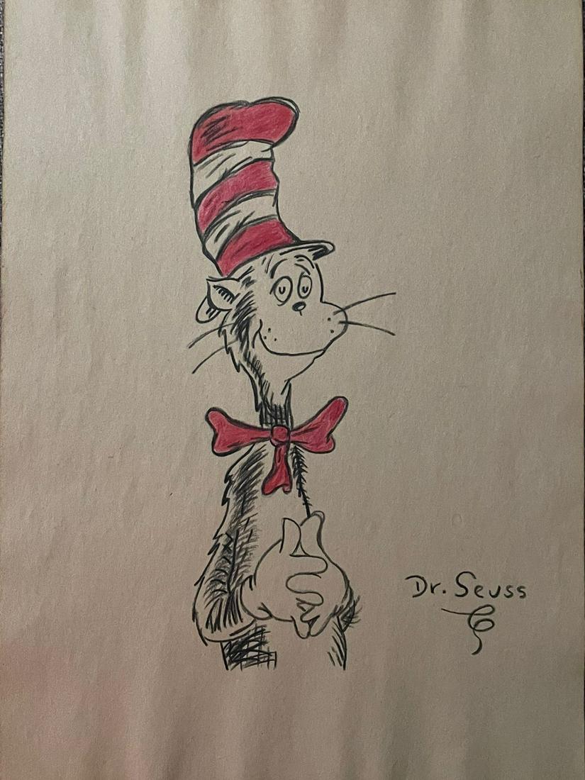 THEODOR SEUSS GEISEL - "CAT IN THE HAT" - Crayon Drawing on Paper - In the style of (1 of 4)